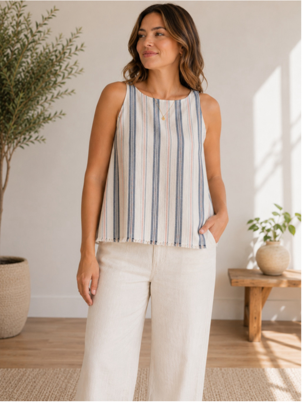 Liz Claiborne Linen Blend Striped Sleeveless Tank Top Large Coastal Fringe Hem